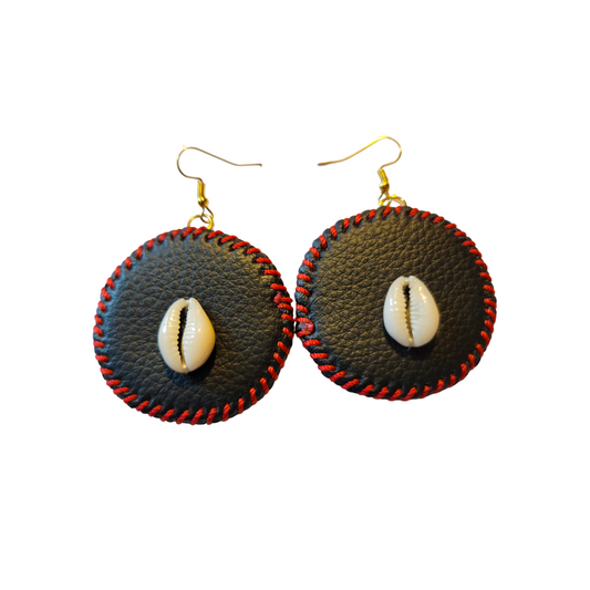 Red Threaded Leather with Shell Earrings