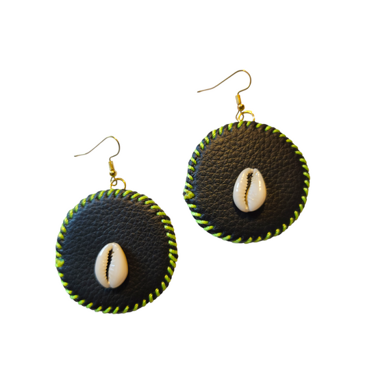 Green Threaded Leather with Shell Earrings