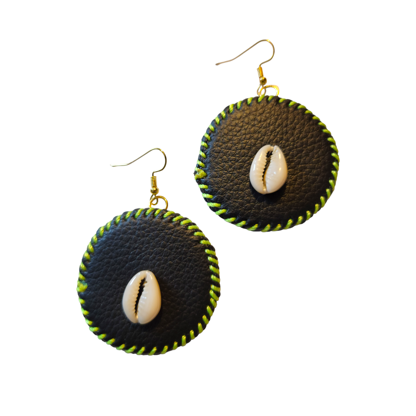 Green Threaded Leather with Shell Earrings