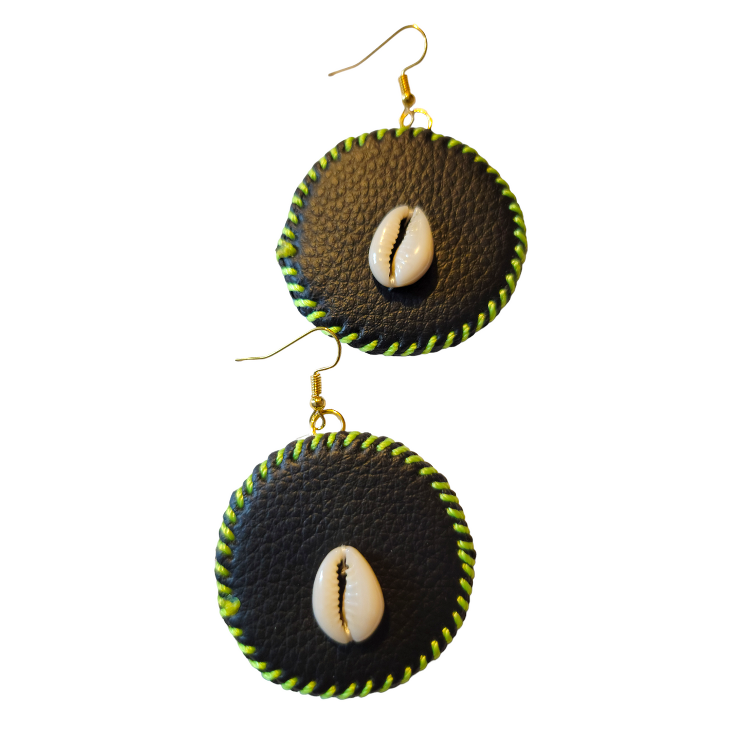 Green Threaded Leather with Shell Earrings