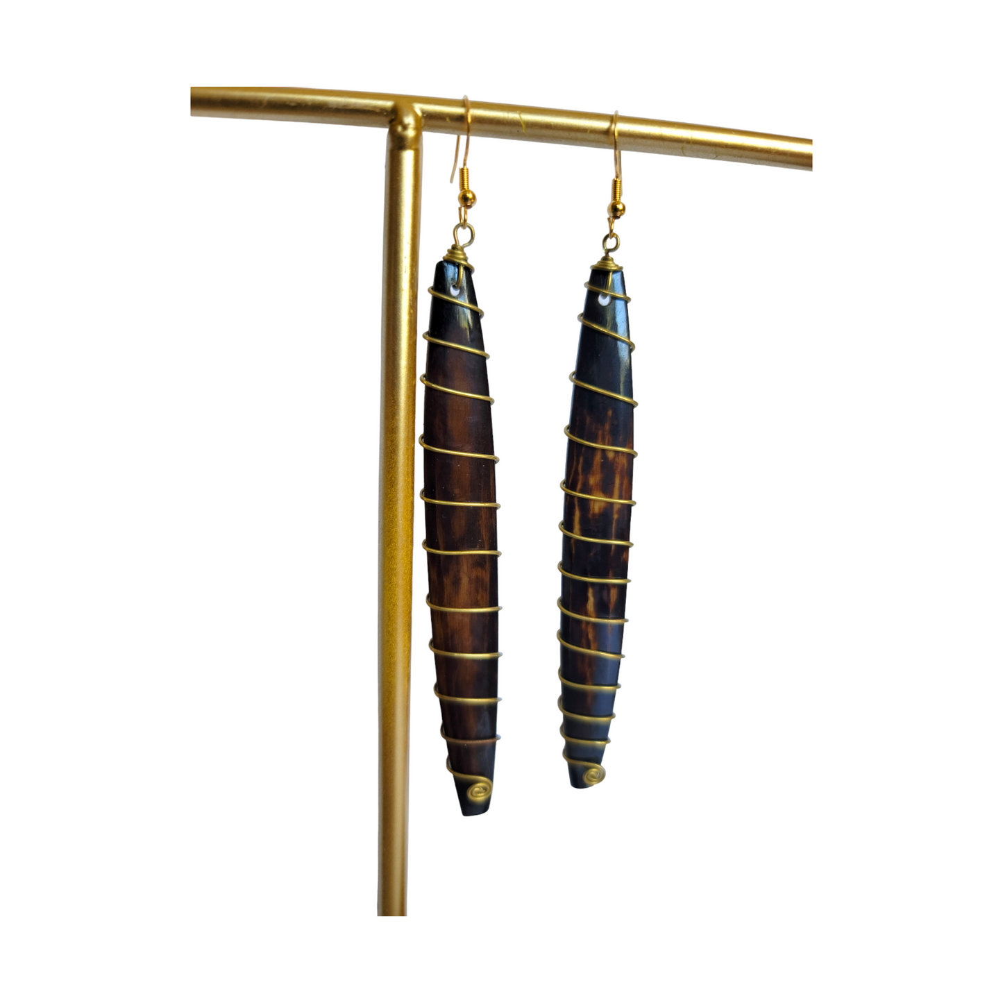 Long Brass Coiled Bone Earrings