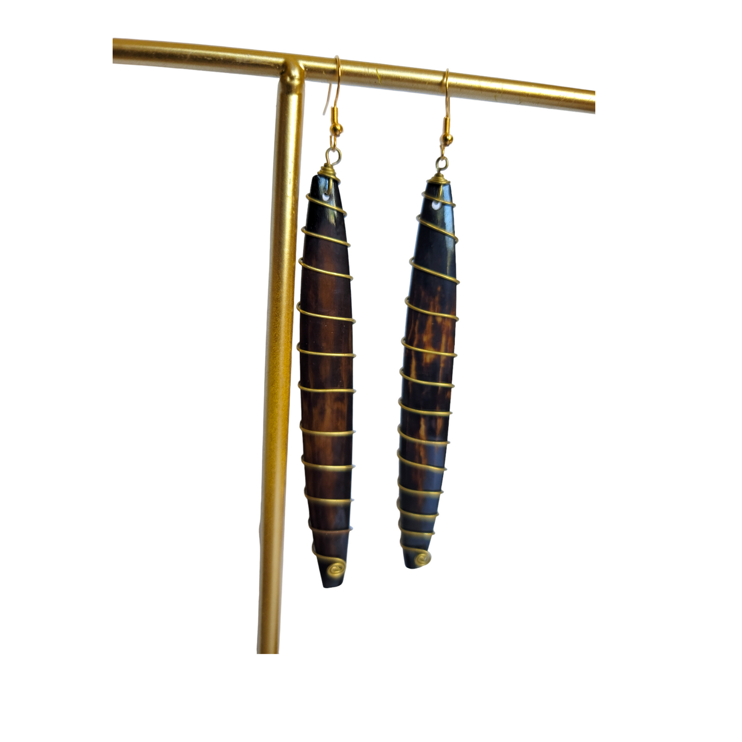 Long Brass Coiled Bone Earrings