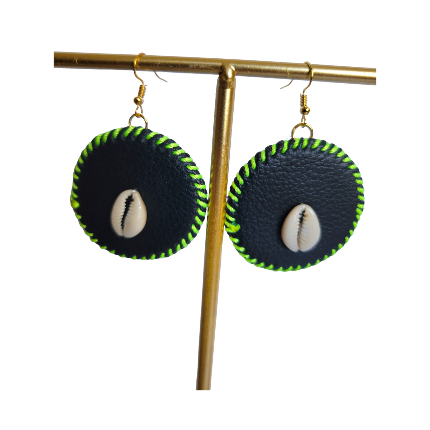 Green Threaded Leather with Shell Earrings