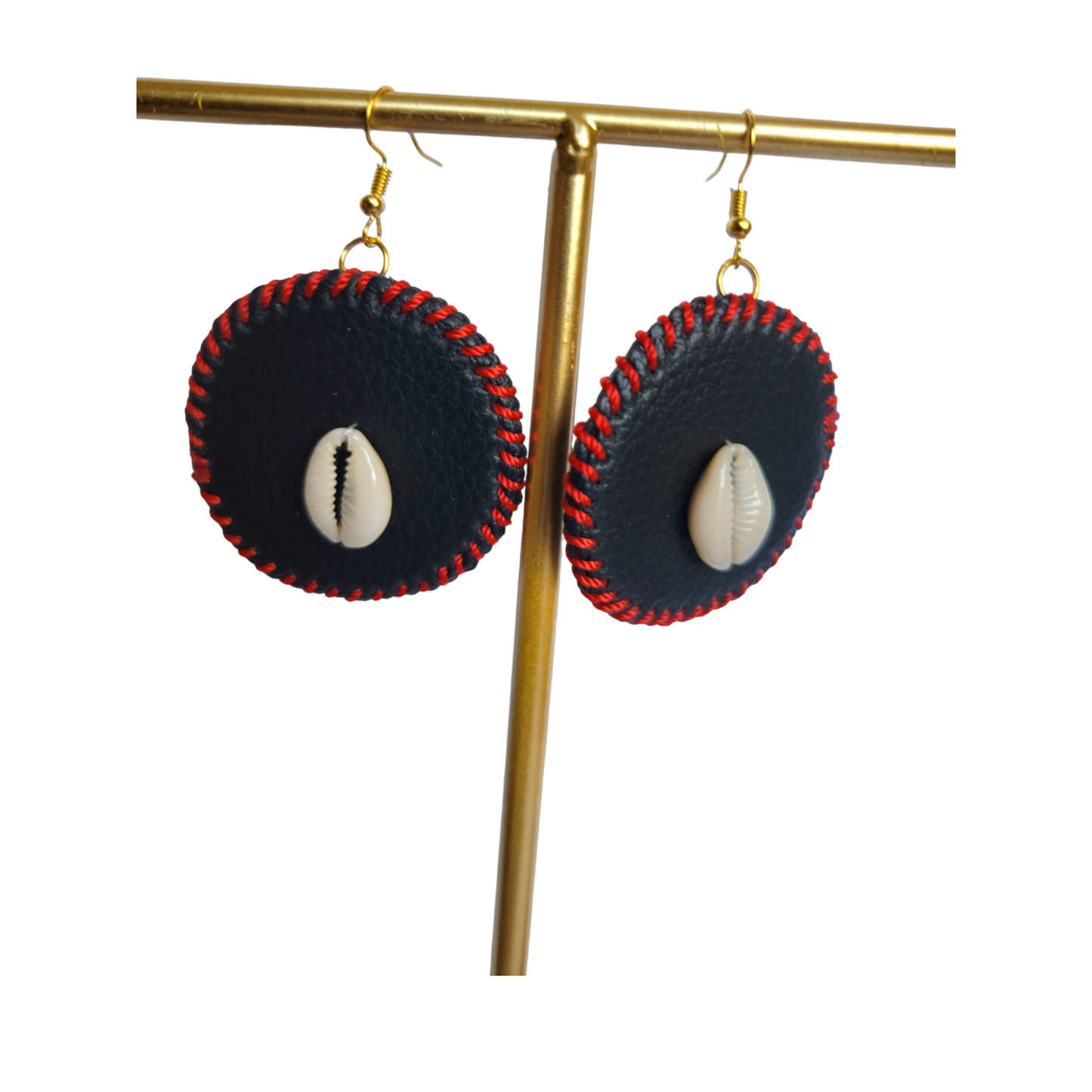 Red Threaded Leather with Shell Earrings