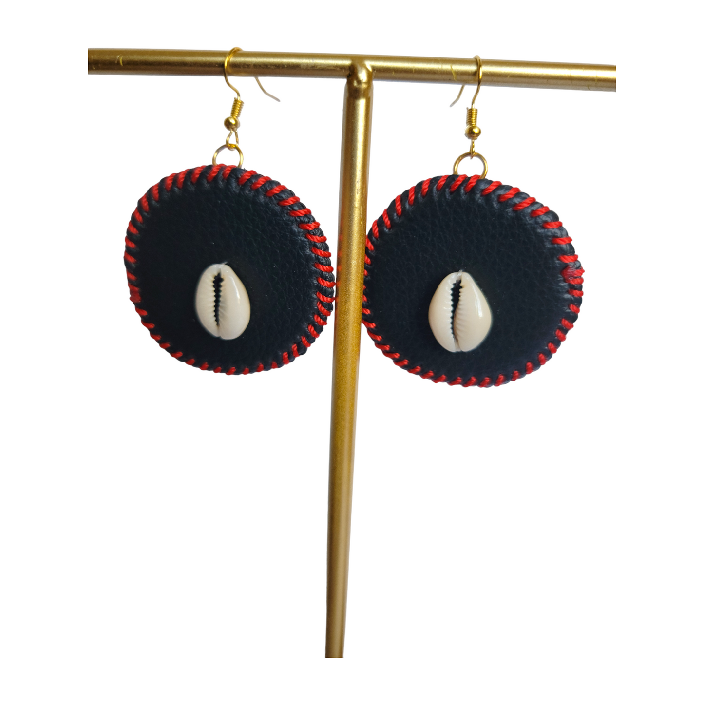 Red Threaded Leather with Shell Earrings