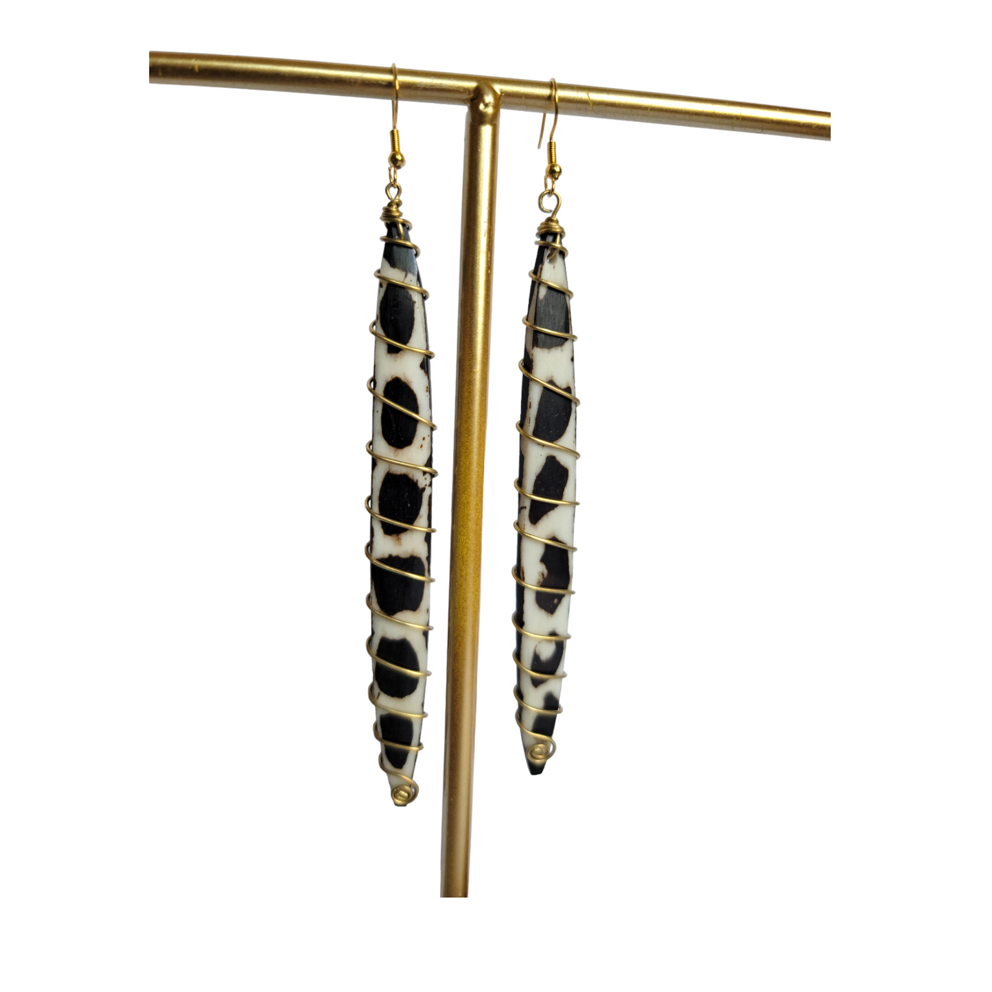 Long Bone with Brass Coil Earrings