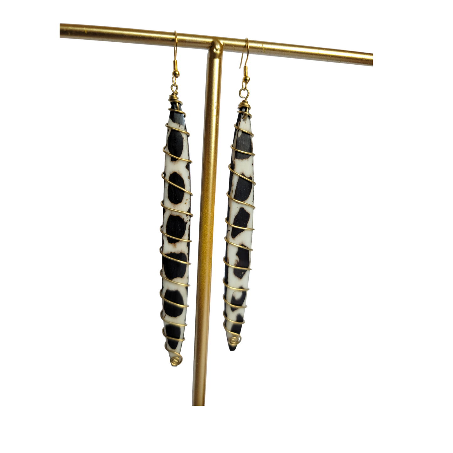 Long Bone with Brass Coil Earrings