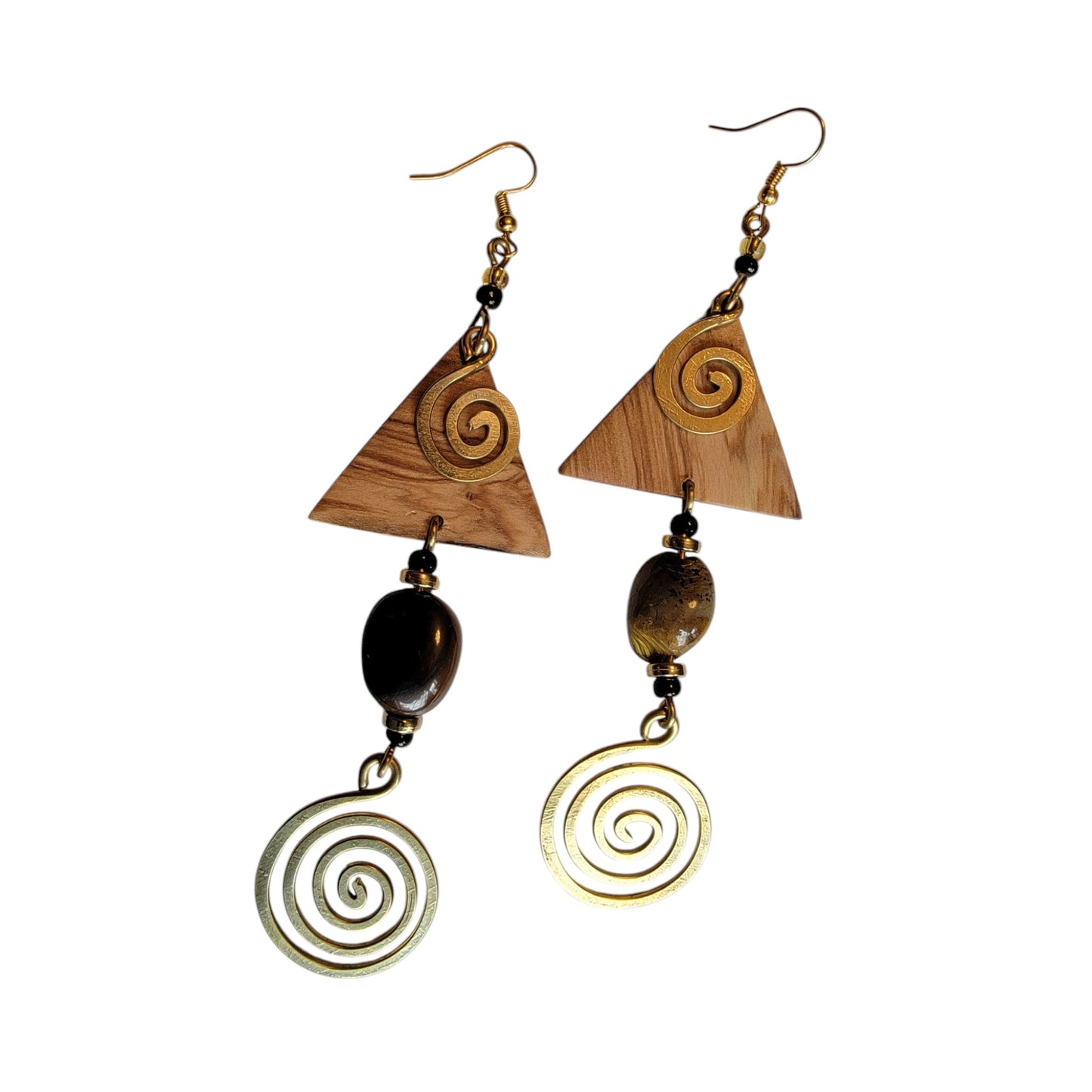 Wooden Triangle W/ Tiger Eye and Brass Coils