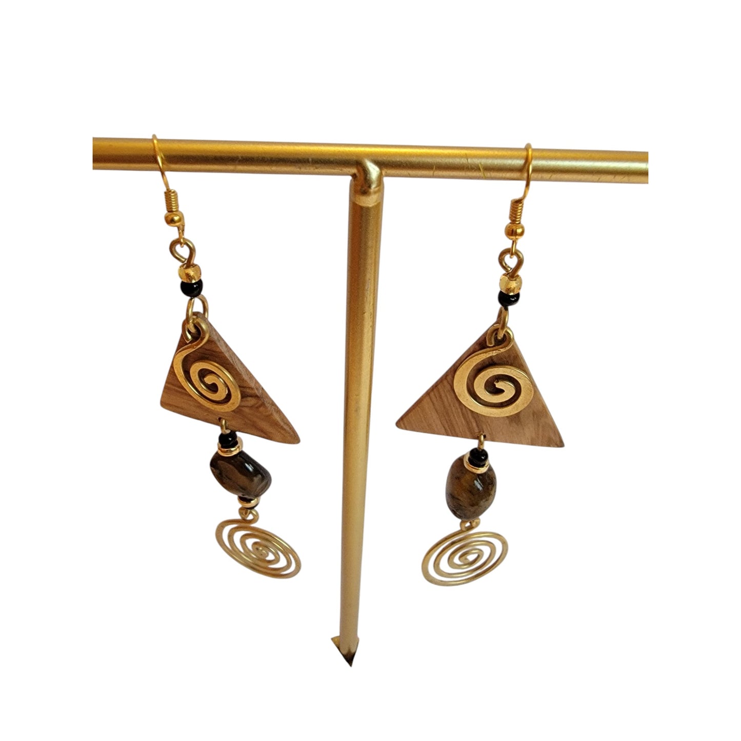 Wooden Triangle W/ Tiger Eye and Brass Coils
