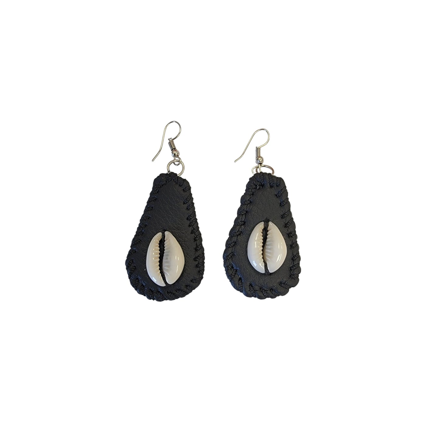 Medium Black Leather & Shell Earrings