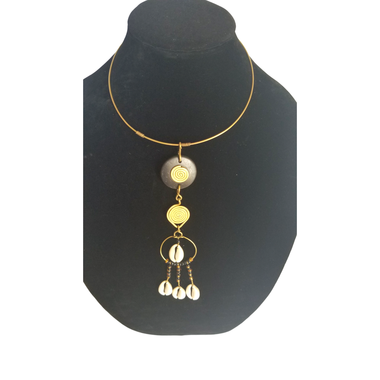 Coconut Bead and Cowrie Brass Necklace