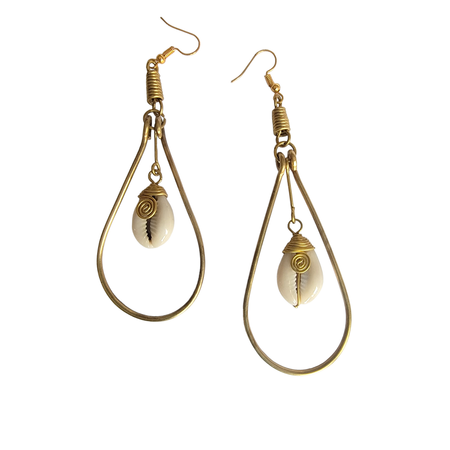 Brass Hoop dangling Cowrie  Earrings