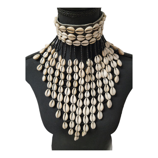 Leather Choker with Beads & Cowrie Strands