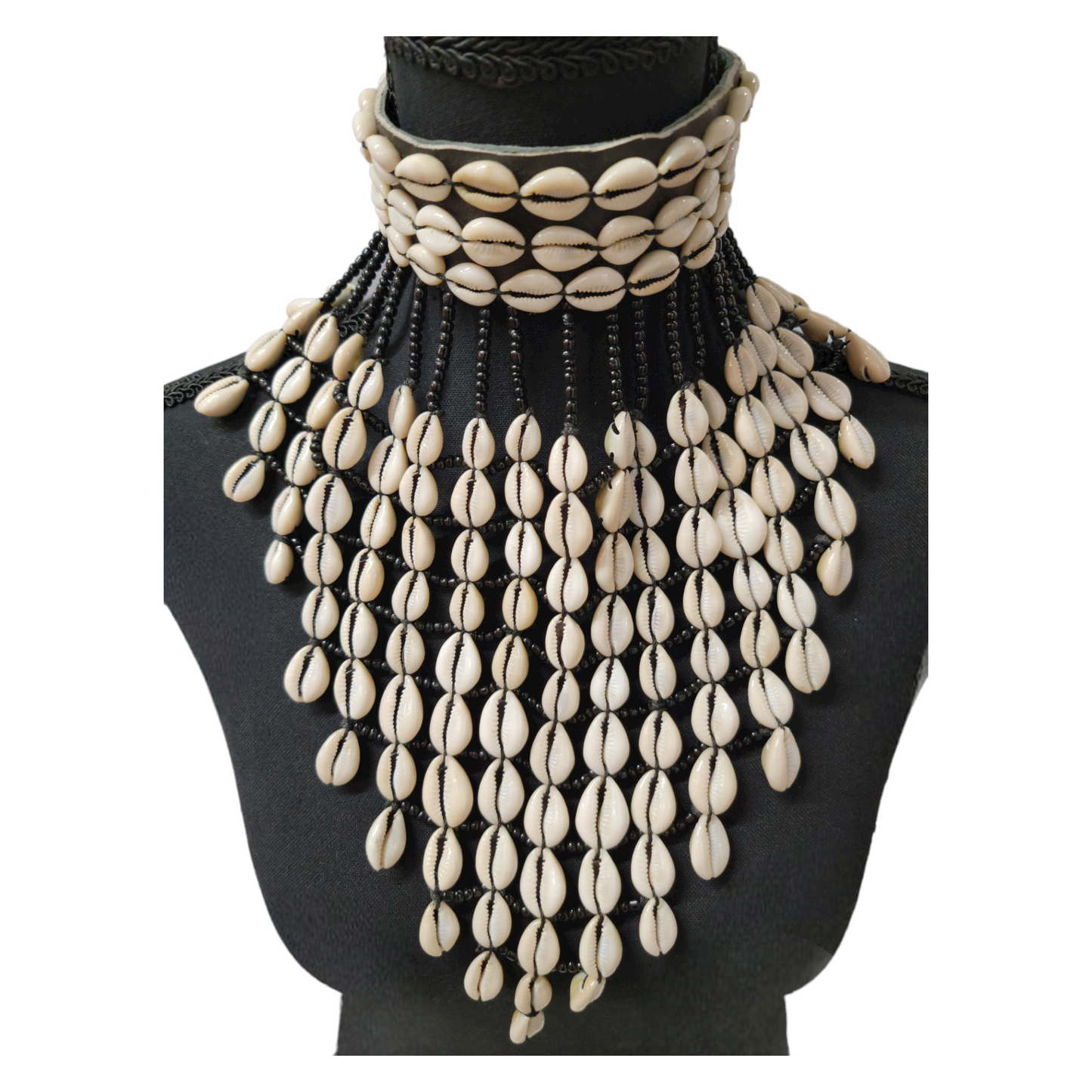 Leather Choker with Beads & Cowrie Strands