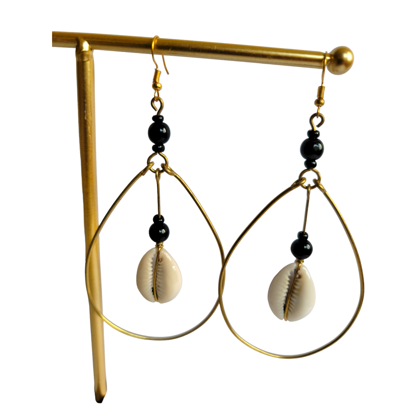 Cowrie, Beads and Brass Hoop Earrings