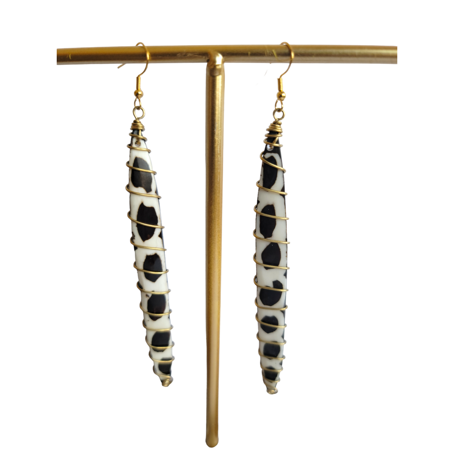 Long Bone with Brass Coil Earrings