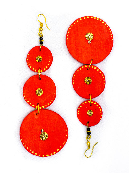 Red 3 Circles Wooden Earrings