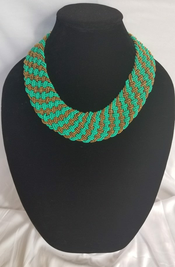 Interwoven Teal & Gold Beads Necklace