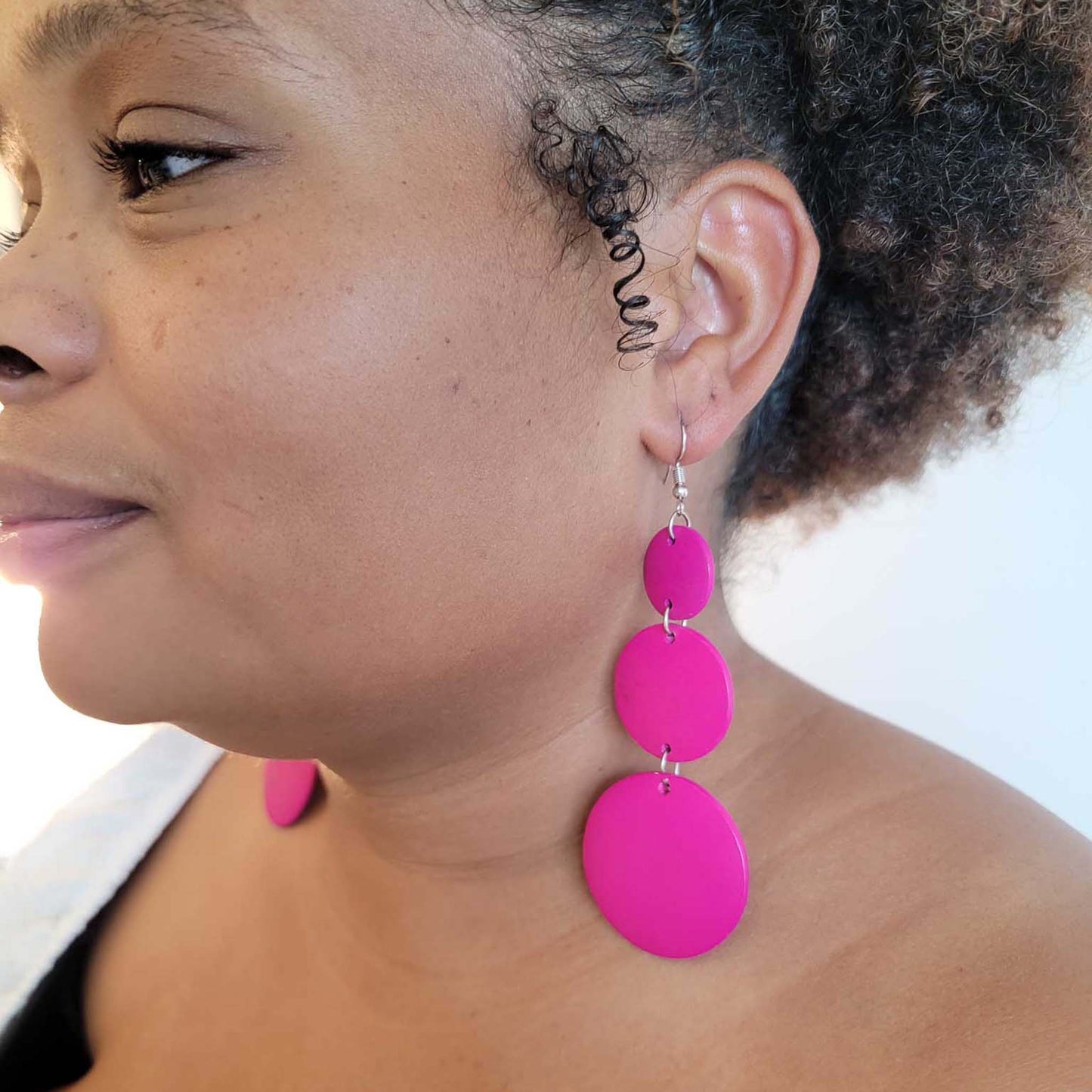 Hot Pink Wooden Circles Earrings