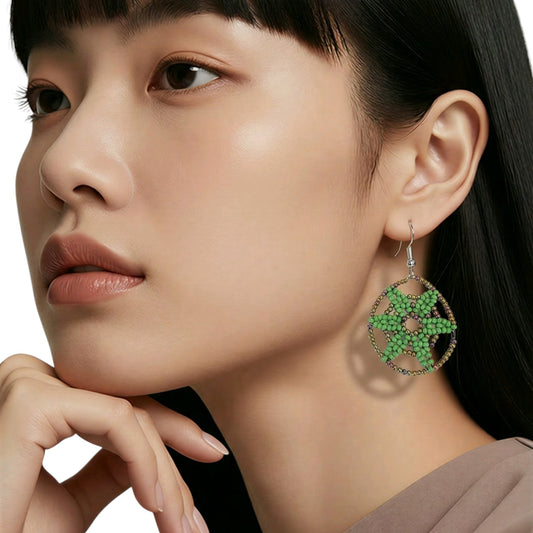 Green Beaded Star Earrings