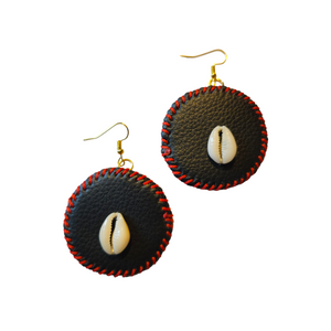 Red Threaded Leather with Shell Earrings