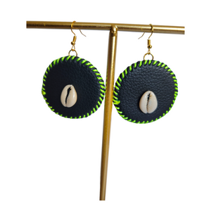 Green Threaded Leather with Shell Earrings