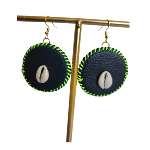 Green Threaded Leather with Shell Earrings