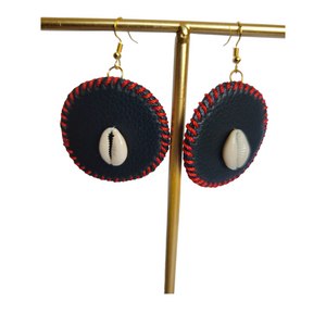 Red Threaded Leather with Shell Earrings