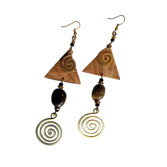 Wooden Triangle W/ Tiger Eye and Brass Coils