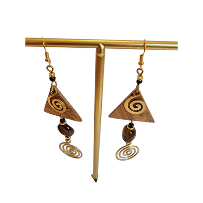 Wooden Triangle W/ Tiger Eye and Brass Coils