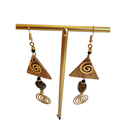 Wooden Triangle W/ Tiger Eye and Brass Coils