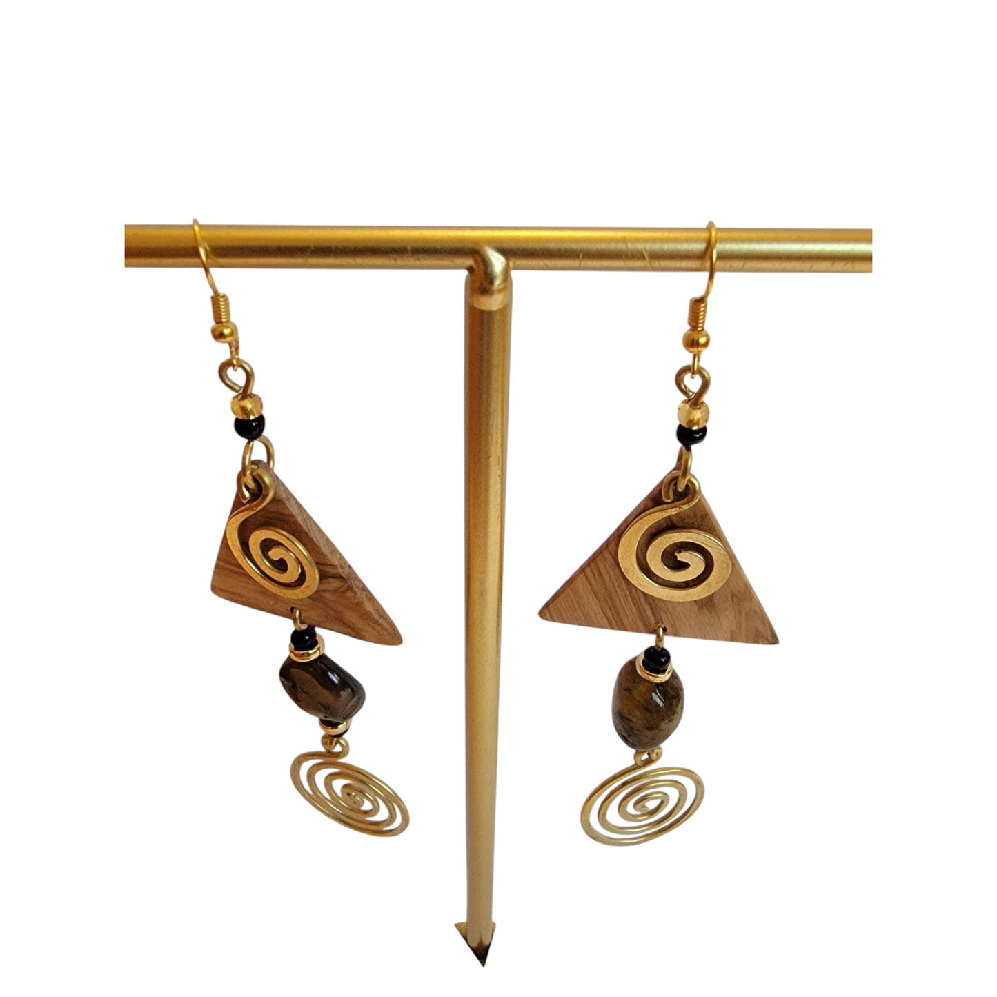 Wooden Triangle W/ Tiger Eye and Brass Coils