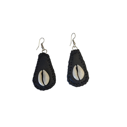 Medium Black Leather & Shell Earrings