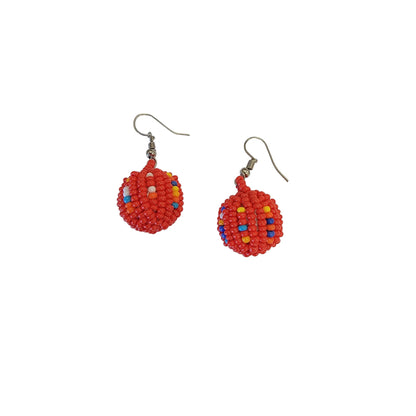 Small Red Beaded Ball Earrings