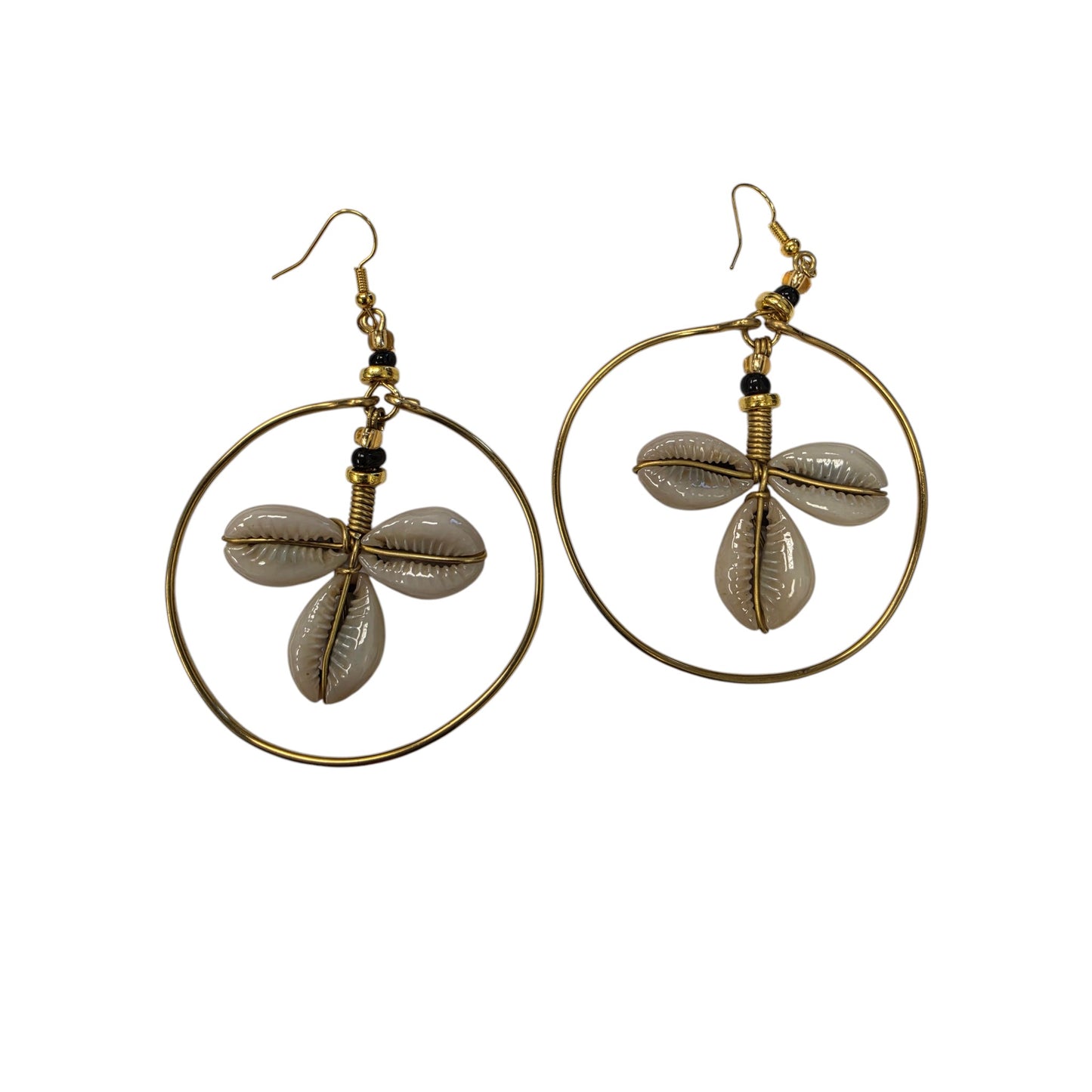 Brass Hoops W/ 3 Cowrie Shells