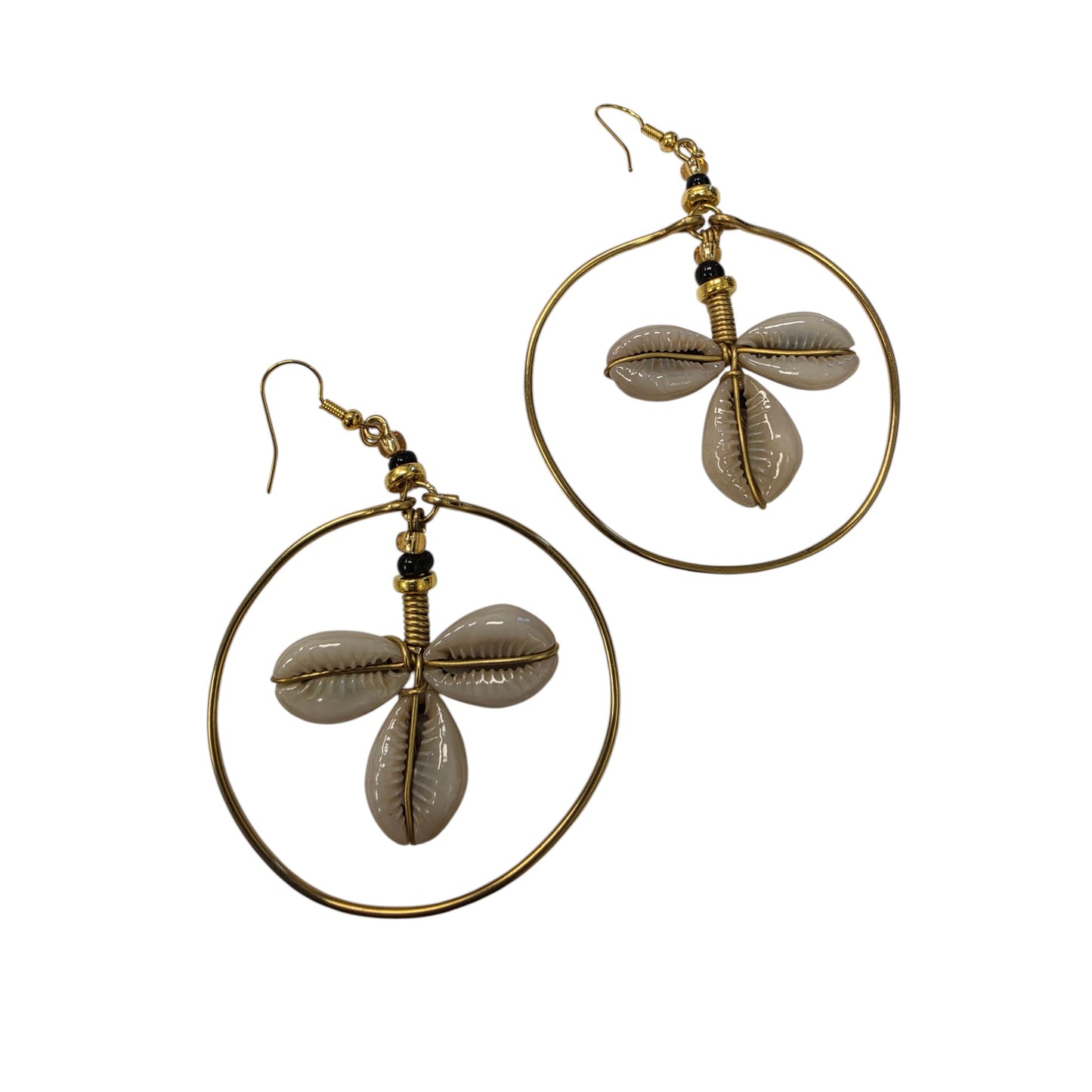 Brass Hoops W/ 3 Cowrie Shells