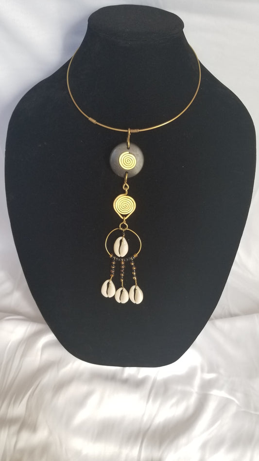 Coconut Bead and Cowrie Brass Necklace