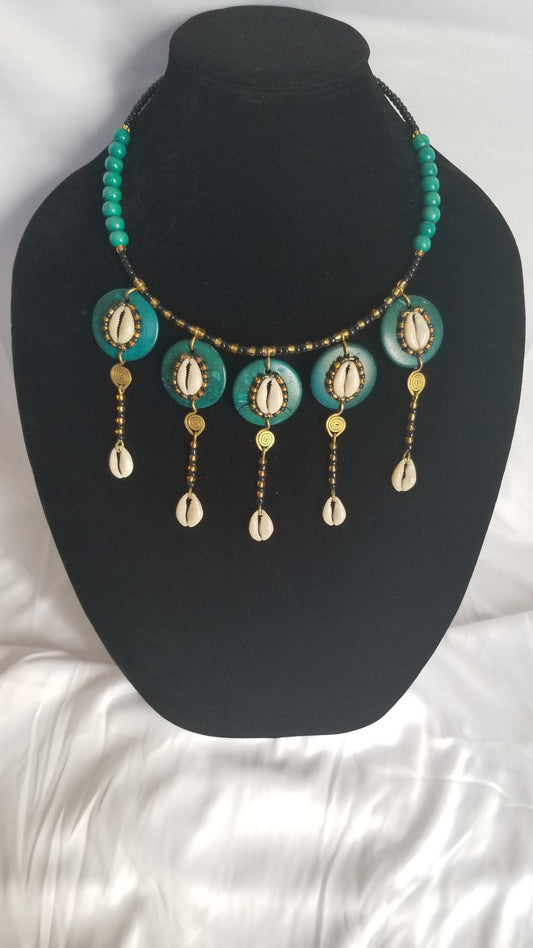 Blue Coconut Shell & Cowrie Necklace