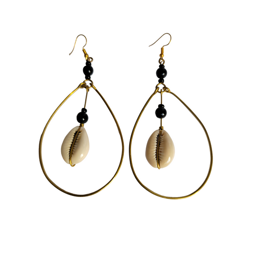 Cowrie, Beads and Brass Hoop Earrings
