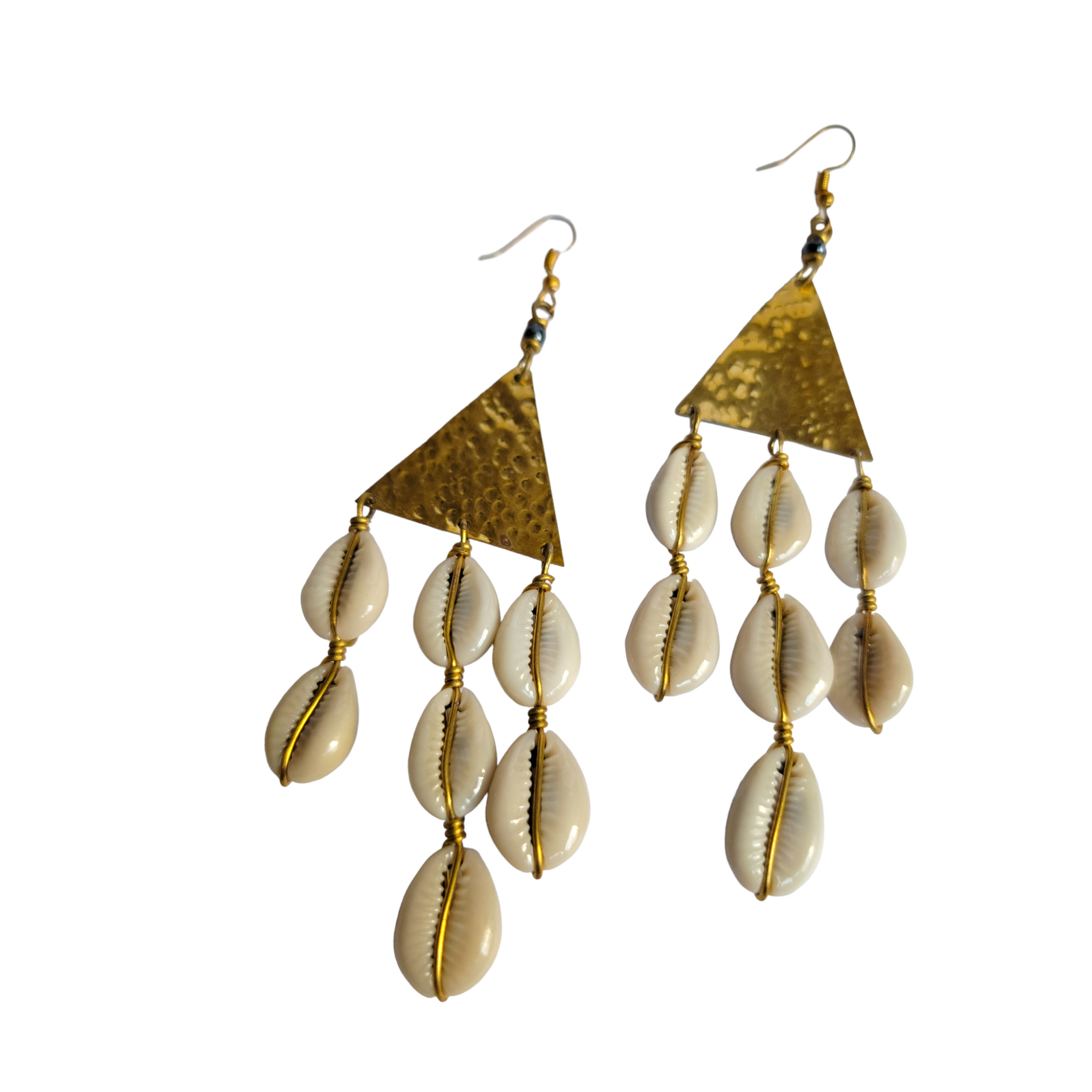 Brass Triangle with 3 Cowrie Strands
