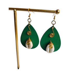 Green Wooden and Cowrie Shell Earrings