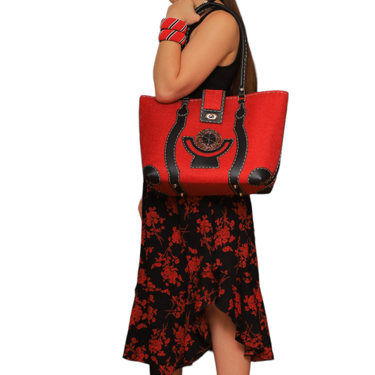 Red Burlap & Leather Handbag
