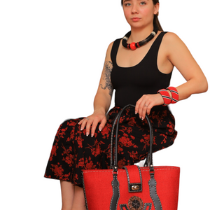 Red Burlap & Leather Handbag