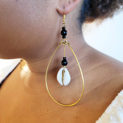 Cowrie, Beads and Brass Hoop Earrings