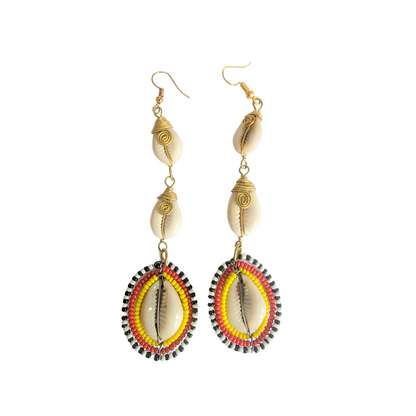 3 Cowrie Shells & Masai Beads Earrings