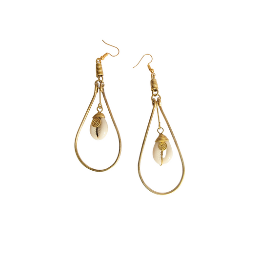 Brass Hoop dangling Cowrie  Earrings